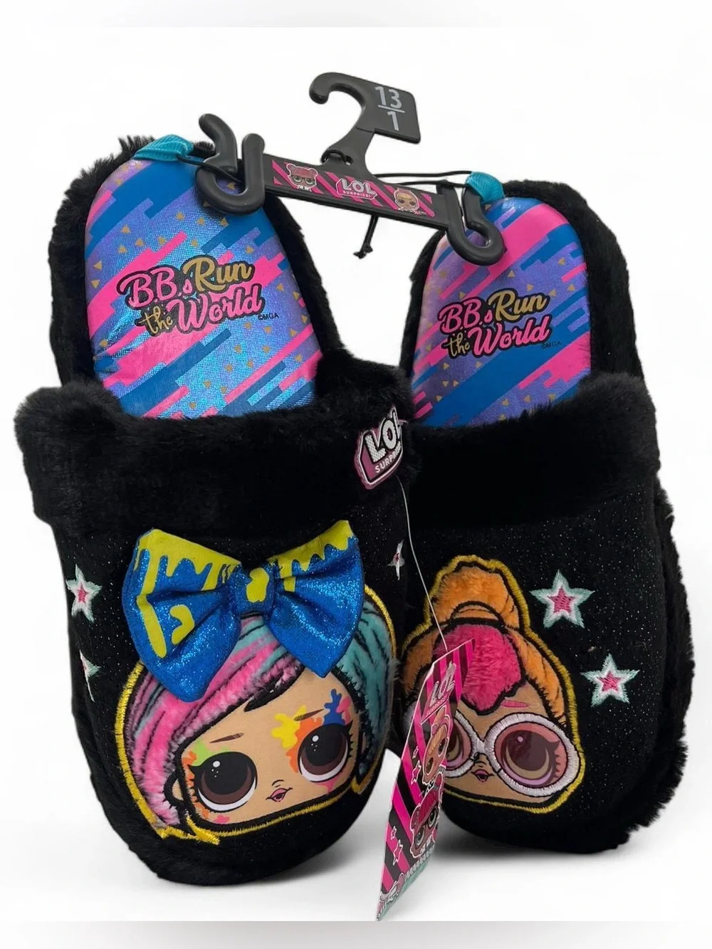 13C 1Y Girls Slippers L.O.L Surprise Black Multicolor 3D Bow Sparkly Cozy NWT